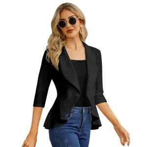 Yesfashion Women's 3/4 Sleeve Ruffled Peplum Blazer, Open-Front Casual Cropped Jacket