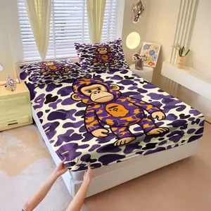 Bape Purple Camo Fitted Sheet Set, Bed Sheets Set, 1 Fitted Sheet and 2 Pillowcases No Filling, Trendy Street Style & Camouflage Ape Man Image, Soft Skin-Friendly Anti-Slip, Gift for Boys Girls Fashion Bedroom Decor