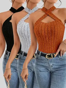 Elegant Women's Faux Fur Knitted Halter Neck Fitted Tank Top Set, 3 Piece Casual Style, Moderate Fabric Thickness, All Seasons Wear