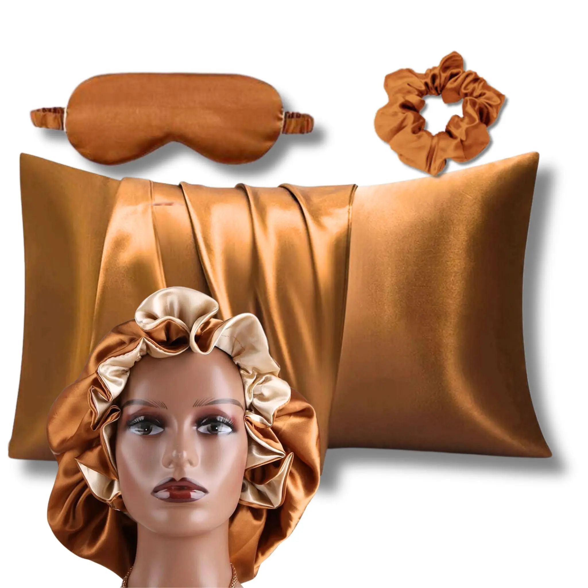 4 pc Satin Bonnet pillowcase and eye mask and scrunchie Beauty Sleep set