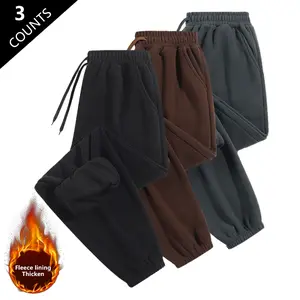 3 Pack Autumn Winter Fleece Lined Thick Men's Sweatpants With Polar Fleece Lining For Warmth And Windproofness Made Of 100% Polyester Fiber, Suitable For Students At School Sports Days, Daily Work, Running, Casual Harem Pants, Men'S Simple Versatile Trous