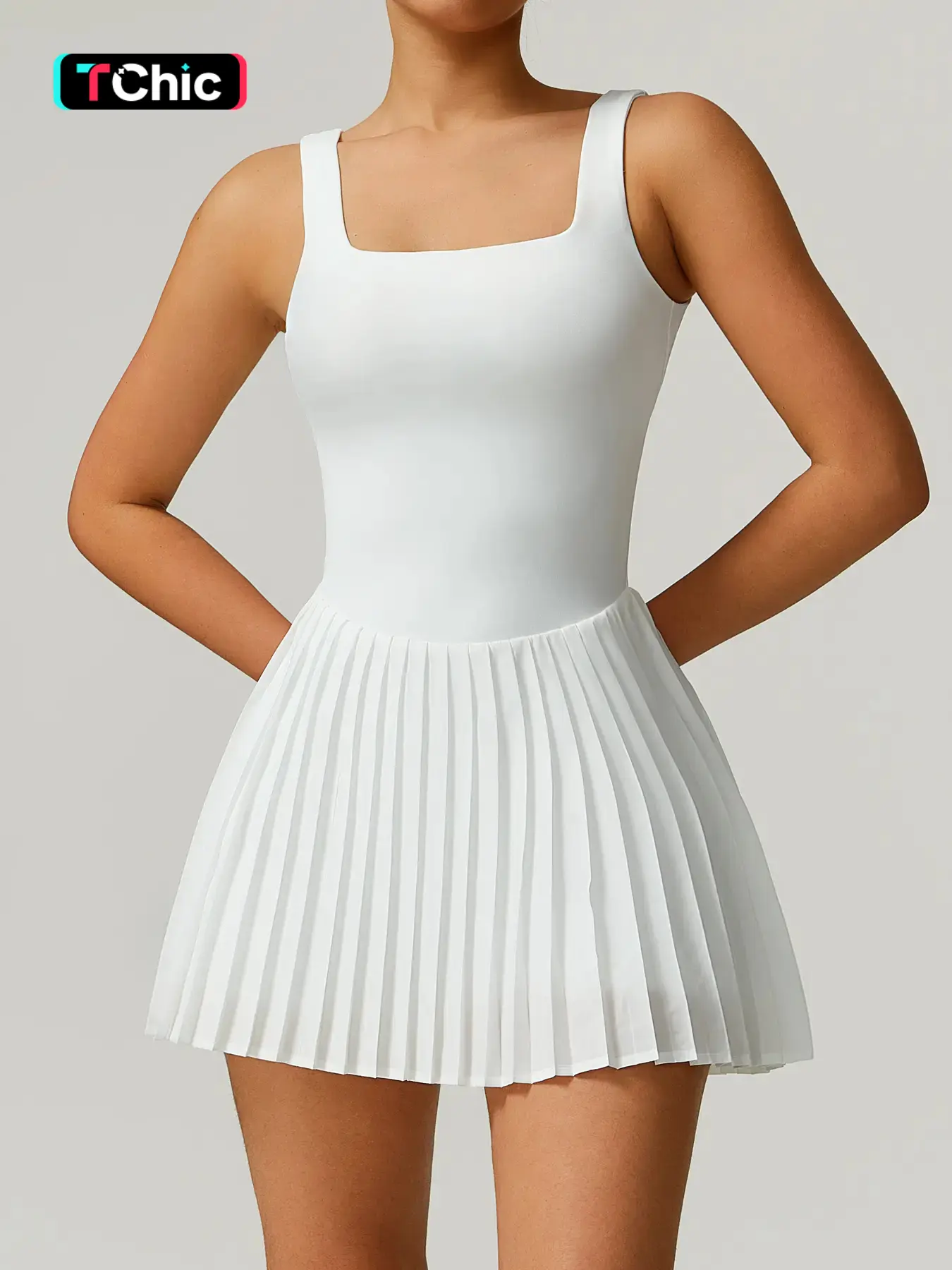 TIMEOFF Ladies' soft and comfortable cloud like fabric square neck hollowed out beautiful back suspender tennis pleated skirt to avoid embarrassment b