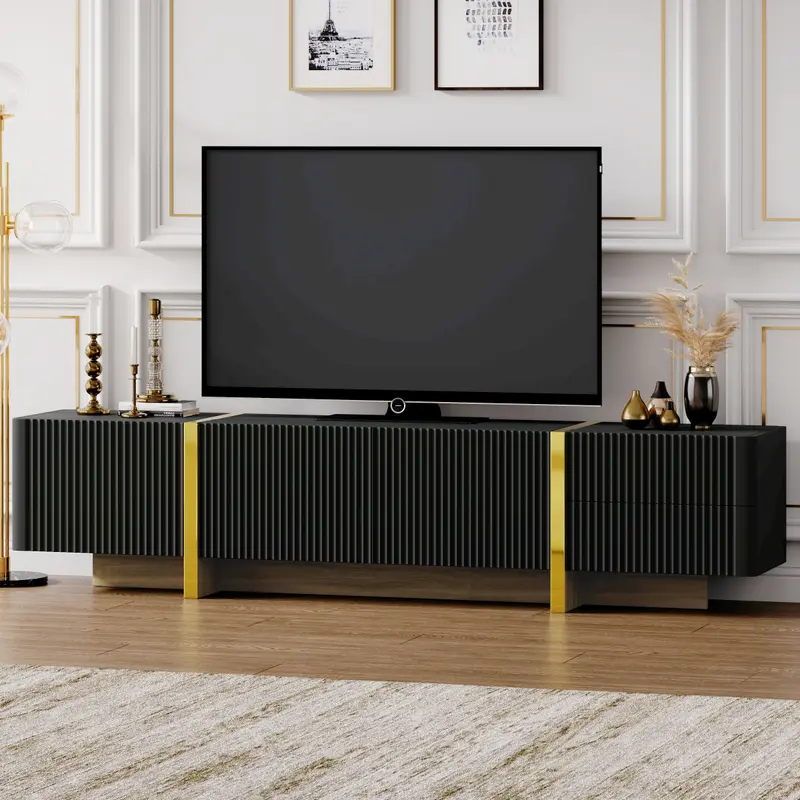 Bellemave]ON-TREND Luxury Fluted TV Stand for TVs Up to 80'', Modern Entertainment Center with Storage Cabinets & Drawers, Smooth Media Console with Golden Wood Grain Legs for Living Room, Black