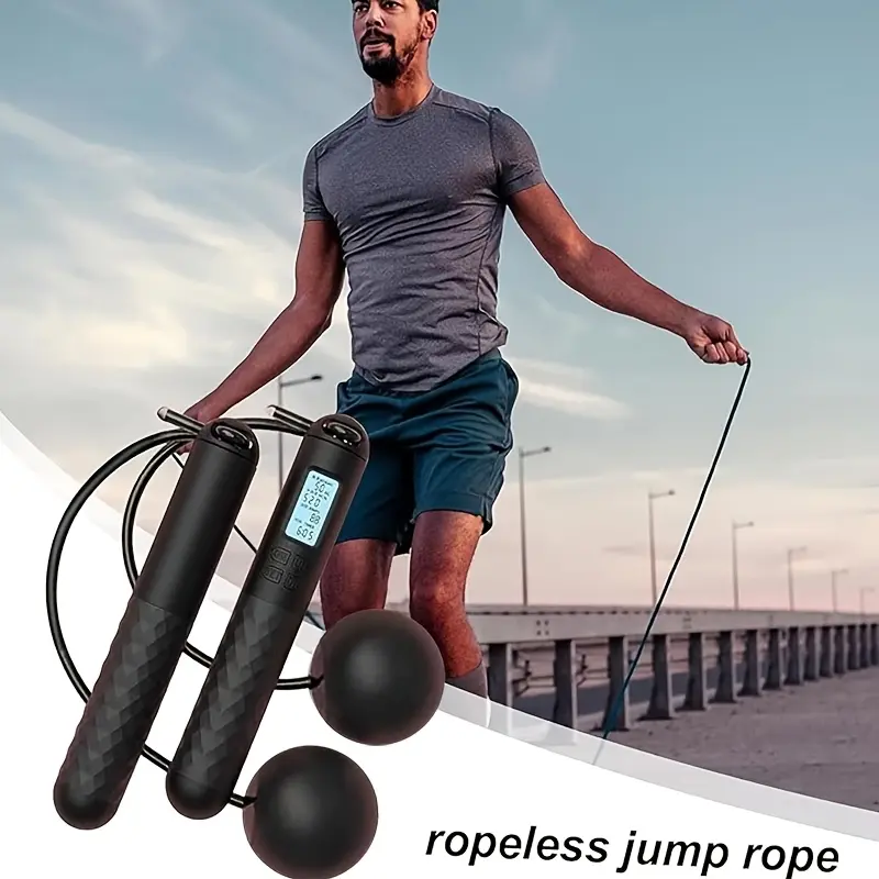 Rechargeable USB electronic counting skipping rope, with adjustable tension, counting function and memory recorder, suitable for heart and lung exercises, strength training and fitness ropeless jump Weighted Cordless