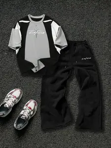 Men's Regular Fit Graphic Print Zip Up Jacket & Pants Two-Piece Set, Casual Fashion Cozy Breathable Two Piece for Daily Outdoor Wear, Men Clothes for Summer, Streetwear Tracksuit