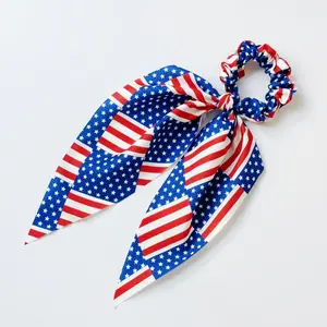 American Flag Hair Scrunchie Bow Ribbon Ponytail Holder Patriotic 4th of July Hair Tie for Women Girls Independence Day Party Accessories