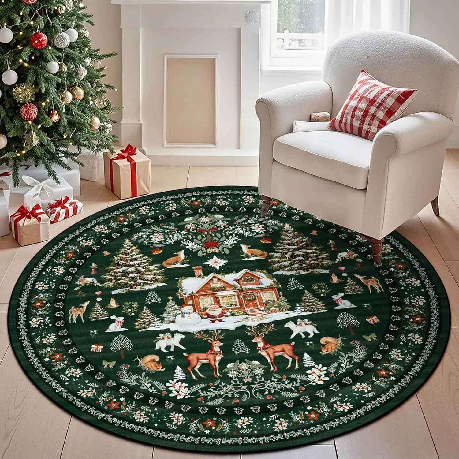 Christmas Theme Round Tree Snowhouse Animal, Retro Fashion Art Creative Washable Non-Slip Carpet, Home Decorative Rugs, Holiday Decor Gift, Indoor Rug