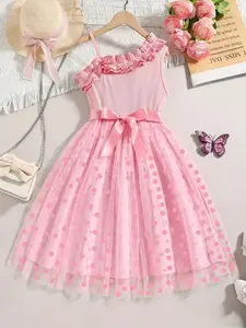Asymmetrical Shoulder Dress, Polka Dot Mesh Skirt, A Line Sundress, Elegant Princess Style, Perfect for Birthday Parties, Performances, Holidays, Birthday Party Dresses