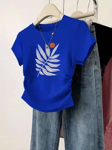 Leaf Pattern Printed Summer Casual Romantic Round Neck Short Sleeve T-Shirt Set, Slim, Comfortable Fabric, Multiple Colors Available, Round Neck Graphic Daily Commuter short sleeve T-shirt, TikTok Trending T-shirt, Womenswear