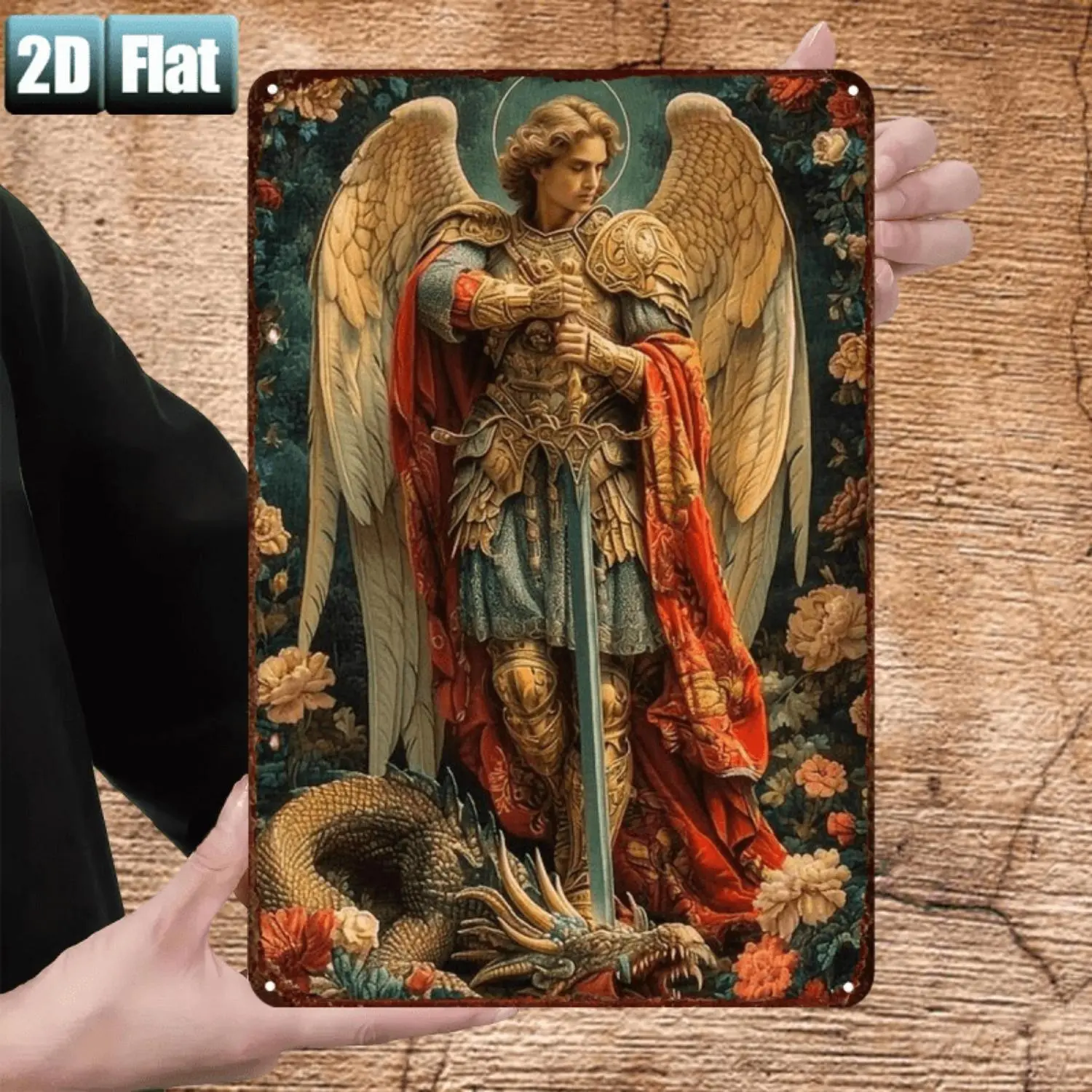 2D Flat - Vintage 2D Flat Metal Wall Sign Archangel Michael Triumphing Over The Dragon Decorative Plaque for Home Decor, Office, & Gift