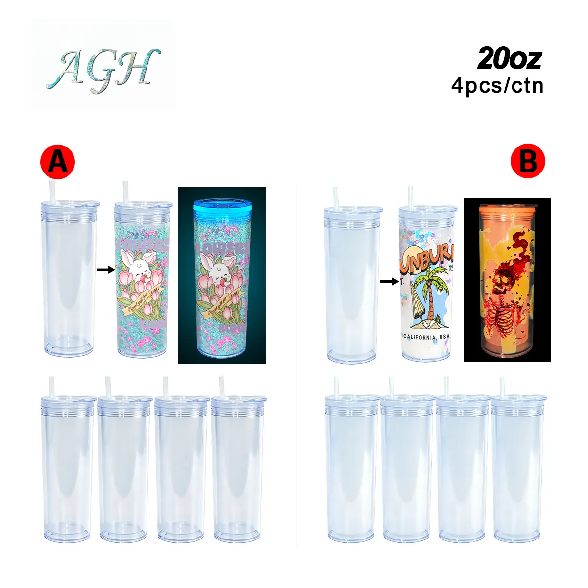 Agh US 4pcs/ctn NEW Collection 20 OZ Glowing bule/yellow Plastic Double Wall straight snow globe tumbler with screw lids and straws, with Pre Drilled Hole Plug