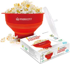 Red Collapsible Silicone Microwave Popcorn Popper Bowl with Lid and Handles
