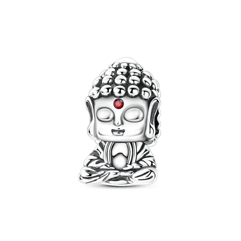 MULA 925 Sterling Silver Baby Buddha Charm for Pandora Bracelet - Crafted Zen Little Monk Bead, 4.5mm Hole, Brilliant Red Cubic Zirconia Third Eye, Daily Spiritual Jewelry Gift for Women