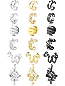 18PCS Stainless Steel Ear Cuff Non Piercing Clip on Cartilage Helix Earrings Cuffs Non Pierced Adjustable Fake Cartilage Earrings,Gold+Silver+Black
