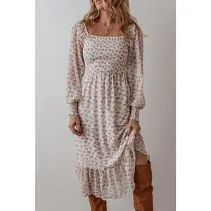 White Floral Ruffled Hem Square Neck Mini Dress