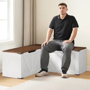 YATINEY L-Shaped Storage Bench, Storage Toy Chest with Hidden Compartments, Breakfast Nook Bench for Corner Spaces, Kitchen, Dining Room, Cloakroom, Walnut and White