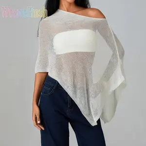 Women Knit Beach Cover-up, see-through solid irregular loose pullover design, lightweight breathable summer beach tops, elegant swimsuit coverup, perfect for seaside vacation, poolside and casual daily matching., Cover Ups Swimsuits, Resort Cover Ups
