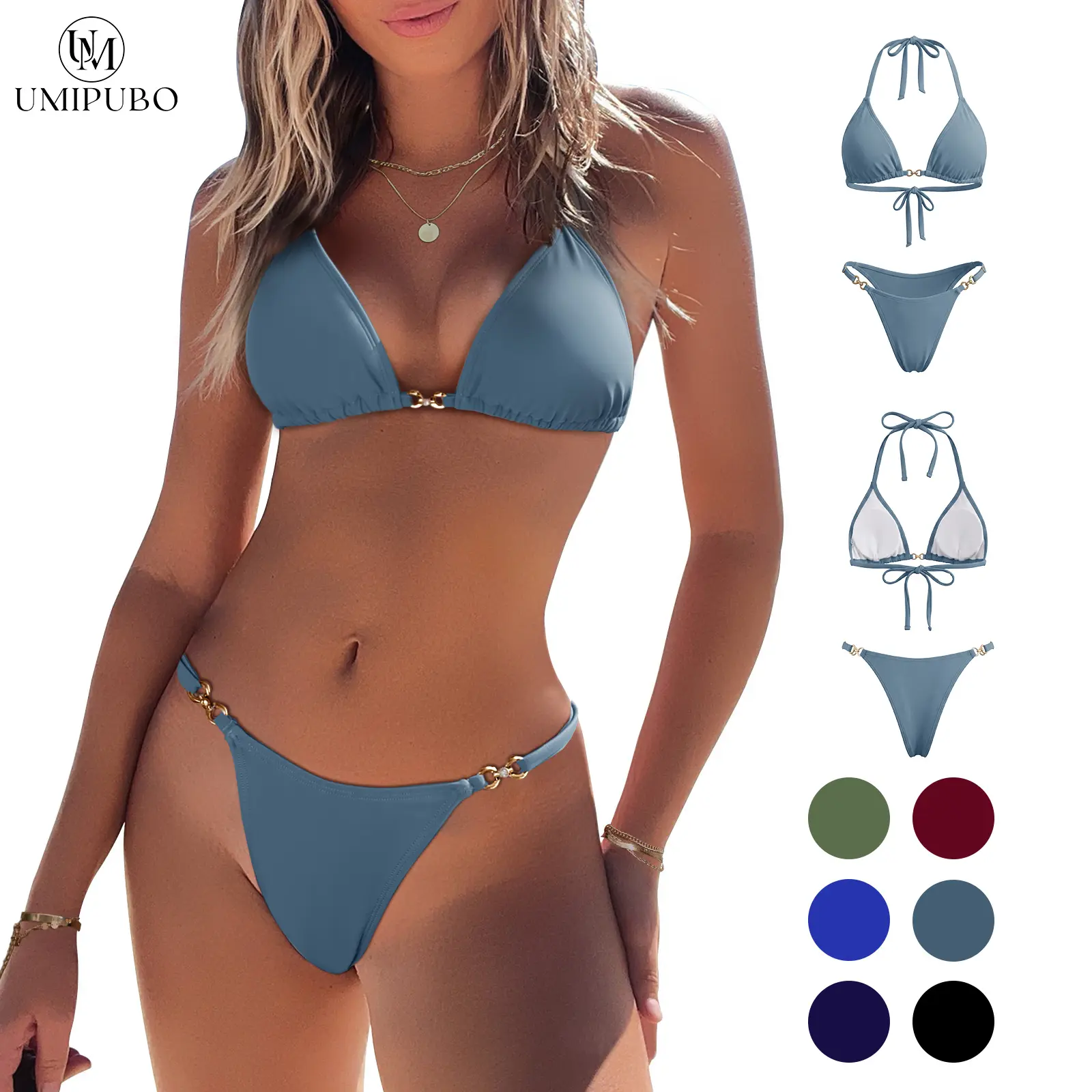 UMIPUBO Women Two Piece Swimsuit Halter String Bikini Set Sexy Thong Cheeky Bathing Suits Cute Tie Side Triangle Swimwear SwimWeek