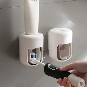 Wall-Mounted Automatic Toothpaste Dispenser, No-Drill Installation, Bathroom Sink Organizer, Simple Brush Holder, Universal Lid, Essential for Couples/family