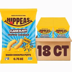 Hippeas Chickpea Puffs, Trippin’ Cheddar, 18 x 0.75 oz Bags, Baked Crunchy Chickpea Snacks with 3g Plant Protein, 2g Fiber & 40% Less Fat, Dairy & Gluten Free, Non-GMO, Top 9 Allergen Free