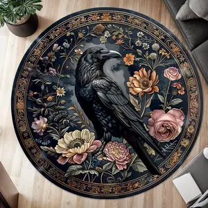 Floral Round Rug with Cockatoo Design, Washable Carpet Boho Vintage Crow Rug for Living Room, Bedroom, Home Decor Floor Mat