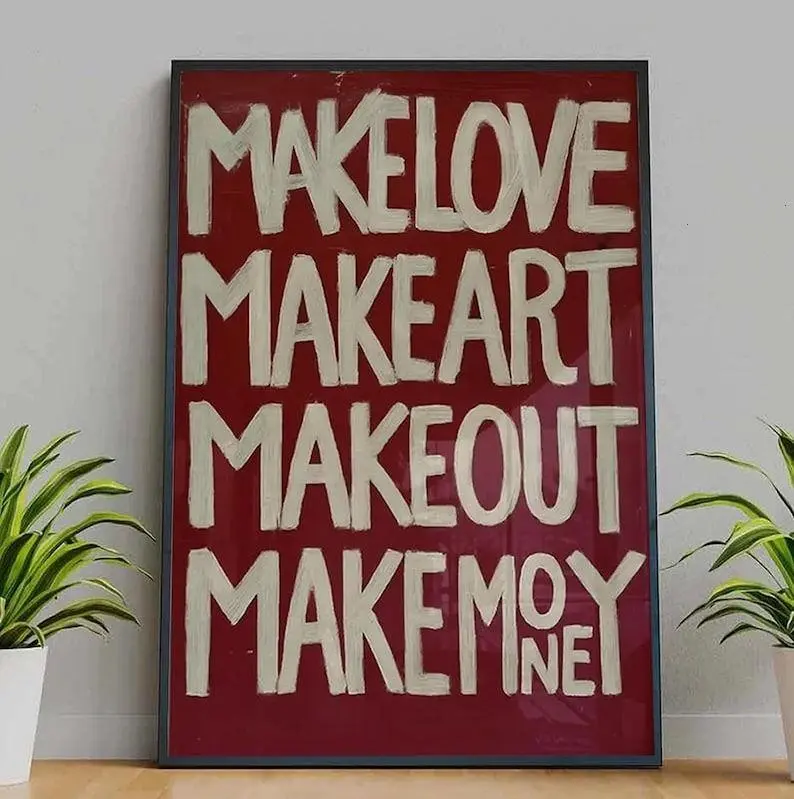 Make Love Make Art Typography Poster, Bold Red Wall Art, Modern Inspirational Quote Print Poster Unframe