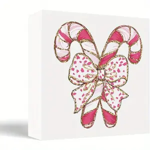 Coquette Pink Bow Candy Cane Christmas Wooden Box Sign, Decorations, Decor, Wood Block Sign for Home Office Desk Table, 5x5 Inch