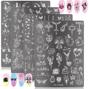 4Pcs Gothic Cute Nail Stamping Plate Set - Dark Kawaii Nail Art Templates, Stainless Steel Spooky Sweet Nail Stamp Plates with Skull & Lace Patterns for DIY Manicure Printing Tools