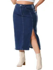 Agnes Orinda Plus Size Denim Skirt for Women High Waist Side Slit Button with Pocket Jean Denim Skirts Dark Blue