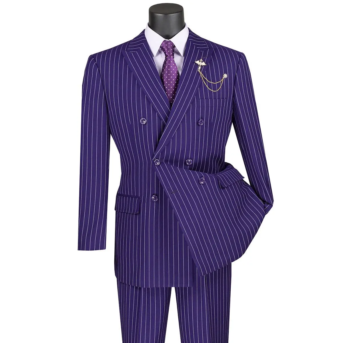 Mens Double Breasted Gangster Bold Pinstripe Suit in Purple