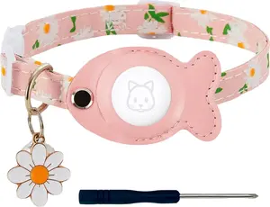 Cat Collar for Airtag, Breakaway GPS Tracker Kitten Collar with Airtag Holder and Bells for Girl Boy Cats Cute Personalized Cat Collar with Fish Adjustable Length (Pink)