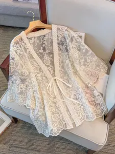 Women's Elegant Lace Cardigan, V Neck Medium Sleeve, Floral Embroidery, Belted Waist, Ruffle Design, Casual Daily Wear, Feminine