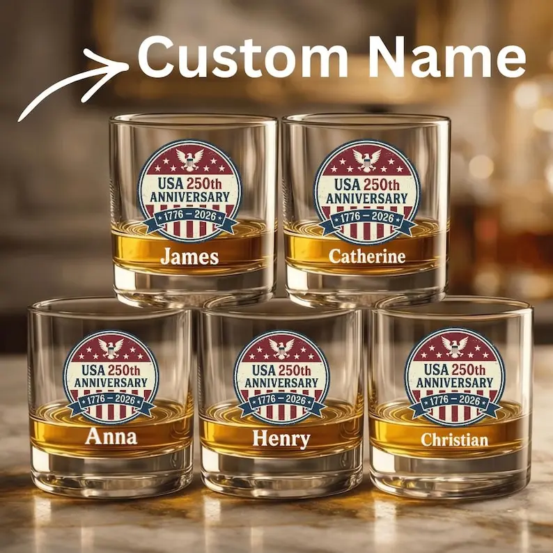 Vintage Personalize Name 250th USA Anniversary Whiskey Glass, UV Printed 11oz Whiskey Glass, 4th of July Patriotic Drinkware, Gift for Him