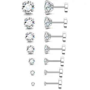 20G Hypoallergenic Flat Back Earrings for Women Men Silver 14K Gold Stainless Steel Stud Earrings Birthstone Cubic Zirconia Studs Surgical Steel Cartilage Earrings for Sensitive Ears