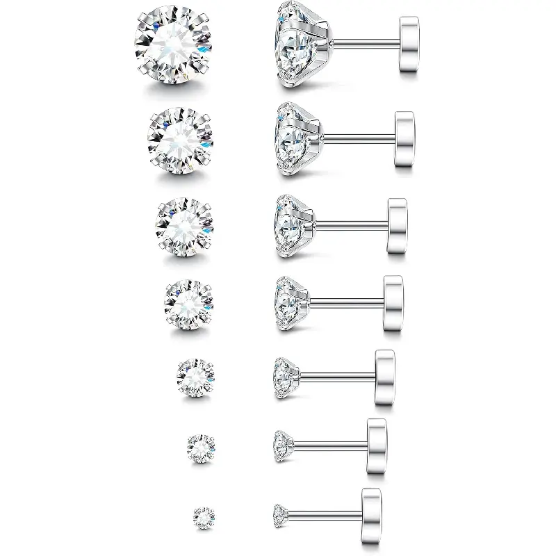 20G Hypoallergenic Flat Back Stud Earrings Silver 14K Gold Plated Surgical Stainless Steel Birthstone Cubic Zirconia Cartilage Piercing Studs Tiny Jewelry for Sensitive Ears Women Men Daily Piercing Accessory Gift