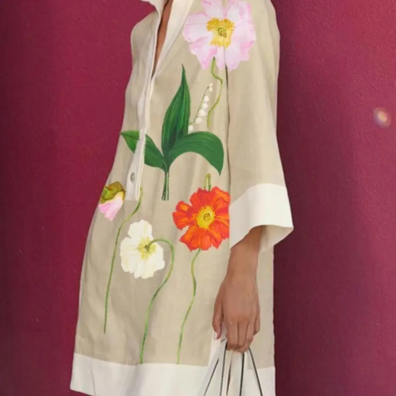 Women's Floral Print Loose Casual Woven Dress, Elegant Chic Long Sleeve Dress, Ladies Summer Clothes for Holiday Vacation, Elegant Summer Fashion
