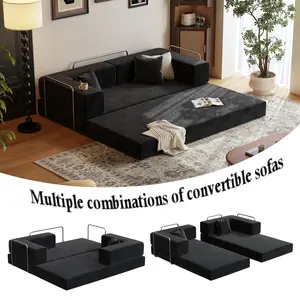 80.3" Oversized Boneless Couch 5-in-1 Convertible Sleeper Sofa Bed Fully Foam-Padded Removable Armrests Deep-Seat Corduroy Modular Floor Sofa Foldable Pull-Out Living Room Sofa No Assembly Required Comes With Two Pillows