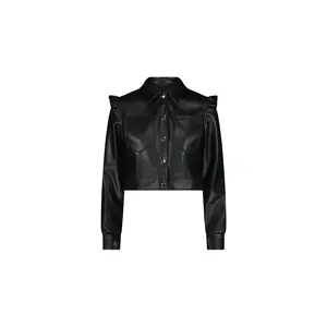 Chantal Ruffle Sleeve Leather Jacket - Black