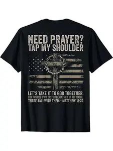 Men'S Need Prayer Tap My Shoulder Christian T-Shirt with American Flag And Cross Design Matthew 18:20 Bible Verse for Faith And Prayer Support