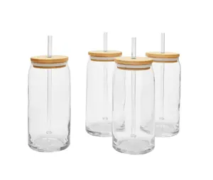 Briar Glass Can Cups with Lids & Straws 4 Piece Set for Coffee Juice and Cocktails Plain Design Versatile Use