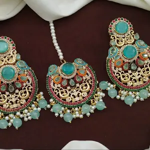 Nauratan Earnings with Tikaa Multi-Colored Earnings Traditional Pakistani Jewelry Earrings for Weddings Trendy Fashionable Accessories