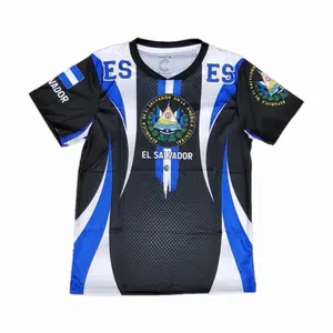 Black El Salvador Traditional Jersey with National Logo - Blue and White Stripes, Short Sleeve, Regular Fit