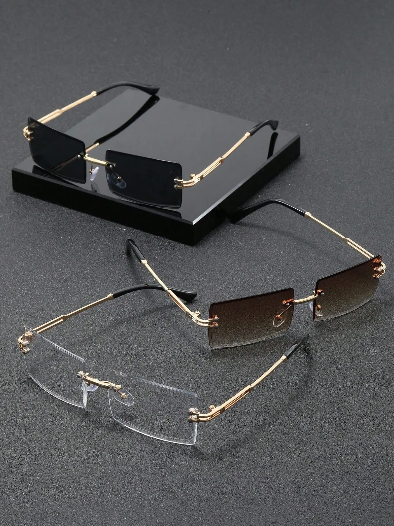 3pcs Set Men's Rectangular Rimless Metal Fashion Glasses, Stylish Eyewear, Trendy Sunglasses, Fashionable Sunglasses for Daily Use, Perfect for Beach & Outdoor Adventures, Trendy Beach Eyewear