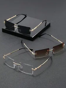 3pcs Set Men's Rectangular Rimless Metal Fashion Glasses, Stylish Eyewear for Daily Use, Perfect for Beach & Outdoor Adventures, Trendy Beach Eyewear