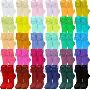 12Pairs Colorful Pile Socks, Solid Color, Relaxed, Soft, Sweat Absorbing, Breathable Ribbed, Autumn And Winter Candy Color, Fashionable Elastic Long Socks