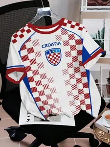 Men's Summer Short Sleeve T-Shirt, Croatia Print, Round Neck Polyester Fabric, Lightweight Breathable Casual Wear, All Seasons