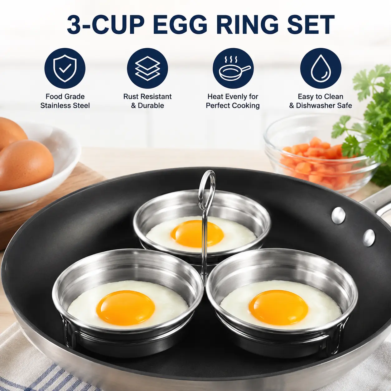 1 Count Stainless Steel Egg Poacher, 3 Cavity Steaming Egg Mold with Handle for Home Kitchen Steamed Egg and Dessert Making