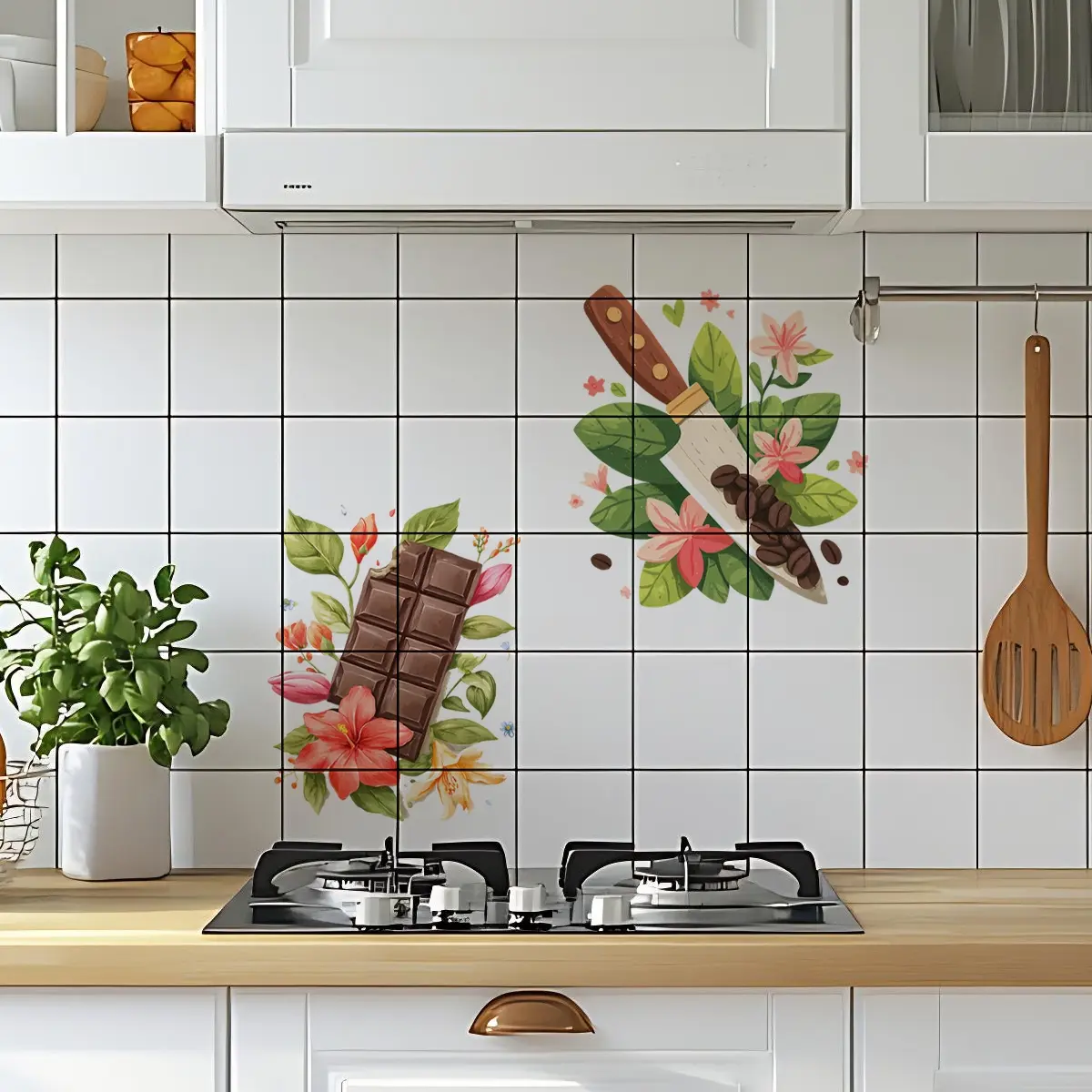 A set (30*30cm*2pcs) of hand-painted flowers and plants chocolate coffee beans wall stickers, home living room kitchen wall sticker background decoration stickers, self-adhesive M20902-KR