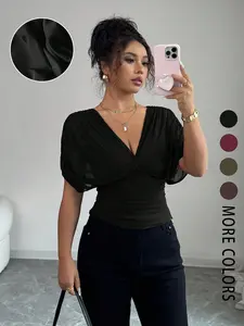 French Deep V Crossed Batwing Sleeve Top, Multi-Color Options, Belted Pleated Slim Fit Basic T-Shirt, Women's Office Commute / Date Night Party Casual Stylish Apparel