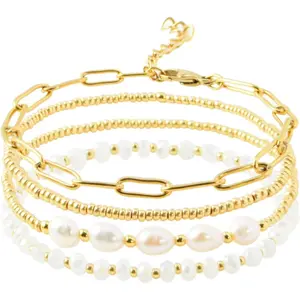 Dainty Gold Plated Pearl Crystal Beaded Bracelets Set for Women 14K Gold Plated Bead Pearl Beads Bracelet Stackable Paperclip Link Chain Bracelets Gold Plated Bracelets for Women Trendy Jewelry